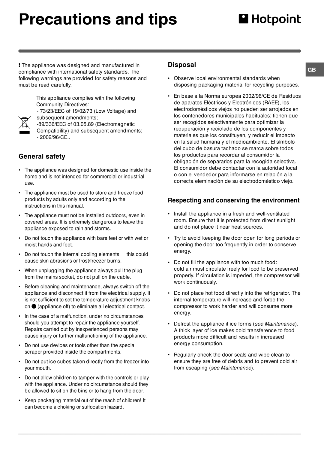 Indesit RF175BP Precautions and tips, General safety, Disposal, Respecting and conserving the environment 