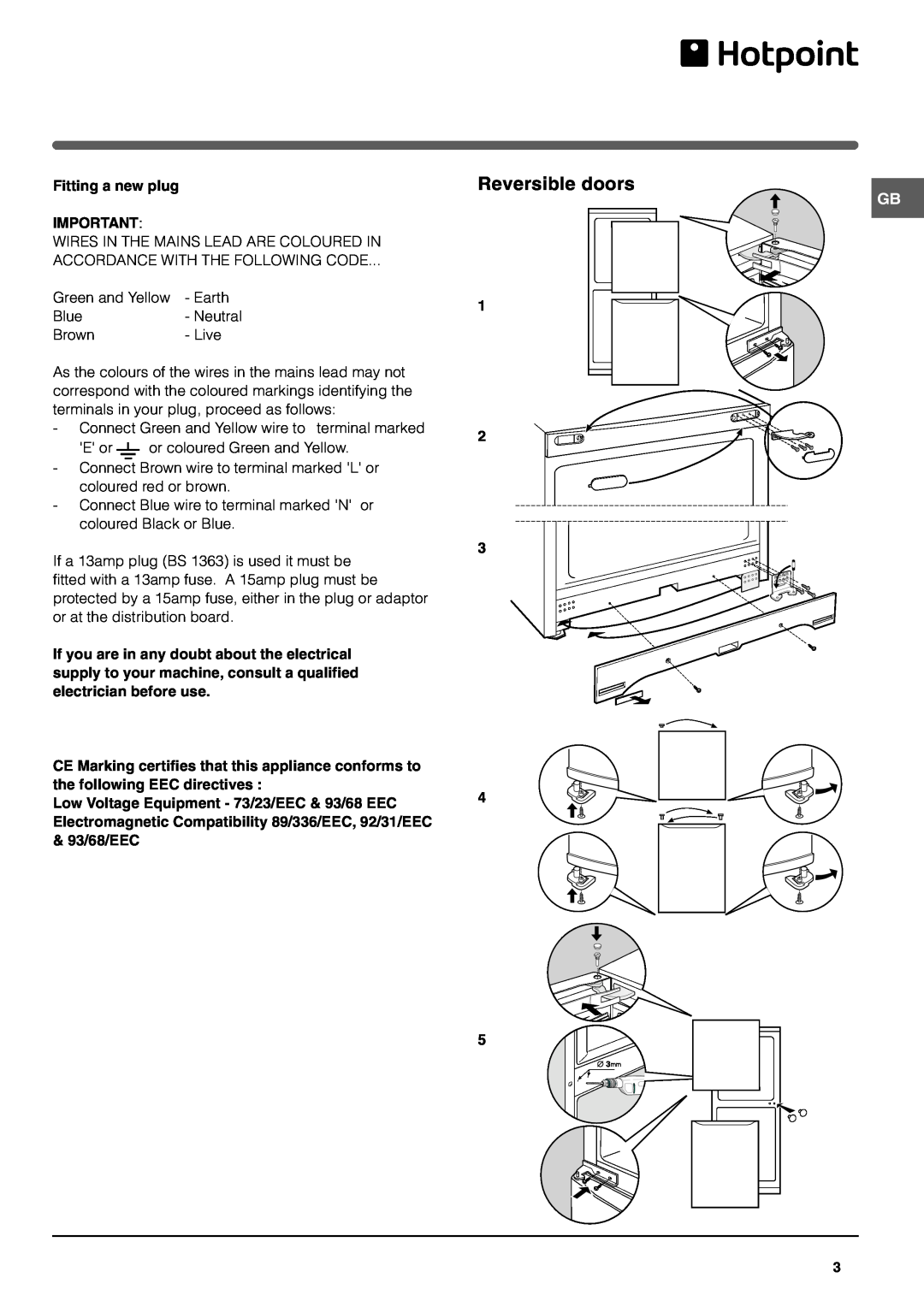 Indesit RF175BP operating instructions Reversible doors, 1 2 
