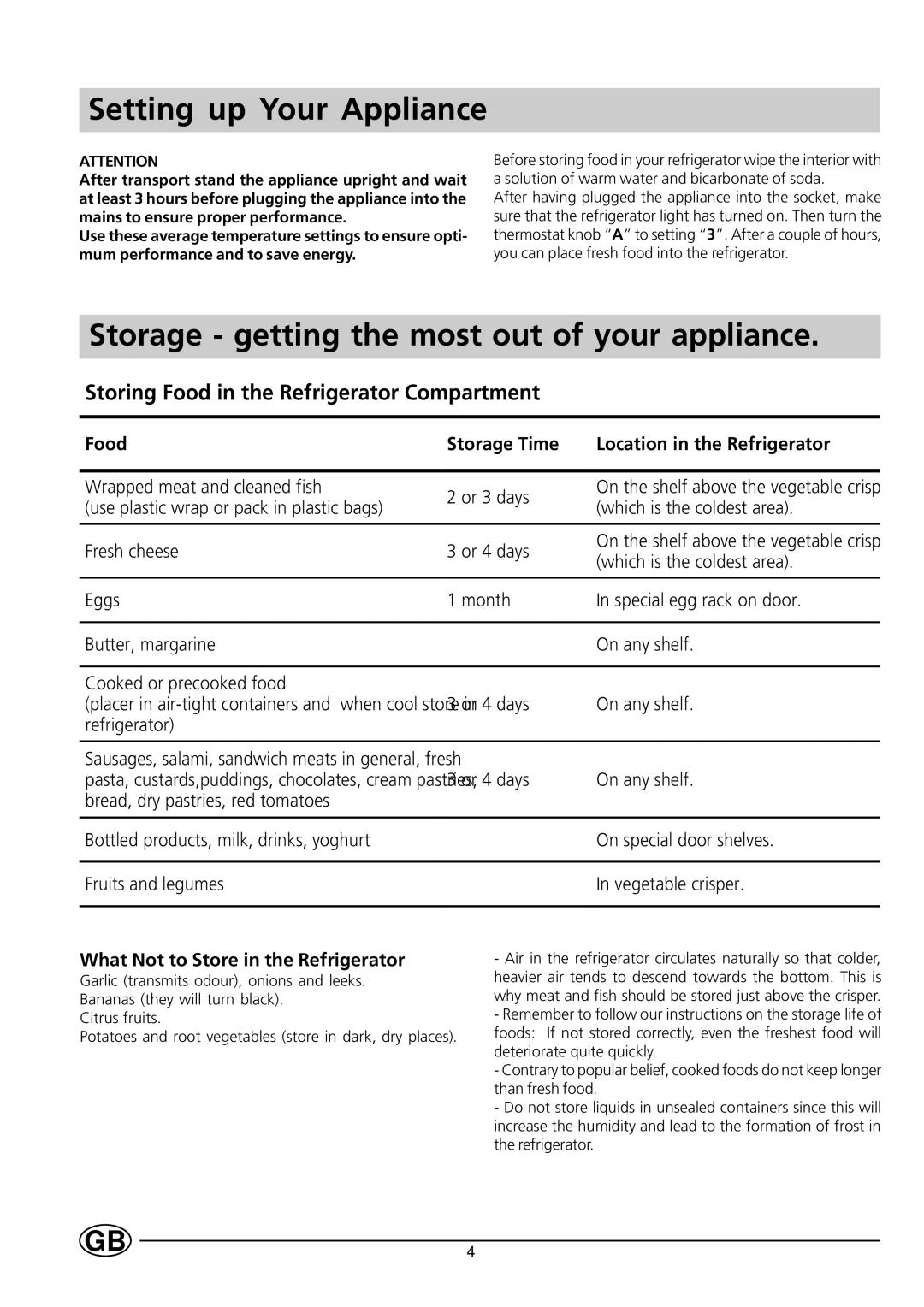 Indesit RG1140 manual Setting up Your Appliance, Storage getting the most out of your appliance 