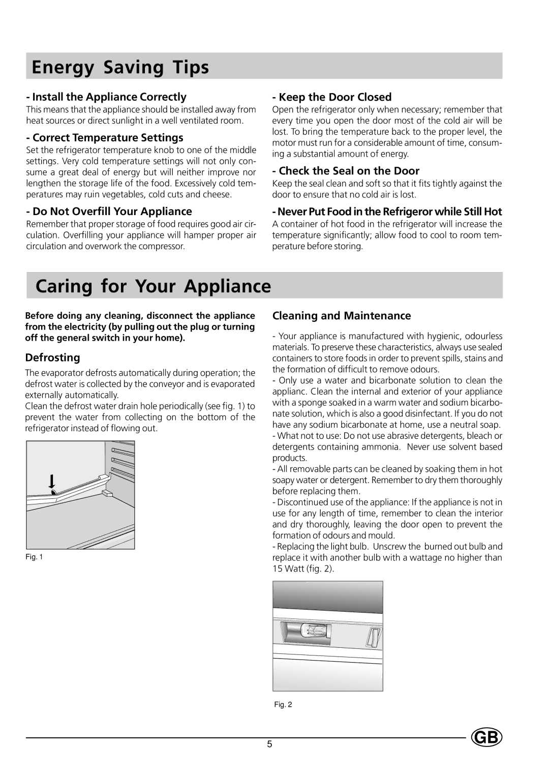 Indesit RG1140 manual Energy Saving Tips, Caring for Your Appliance 