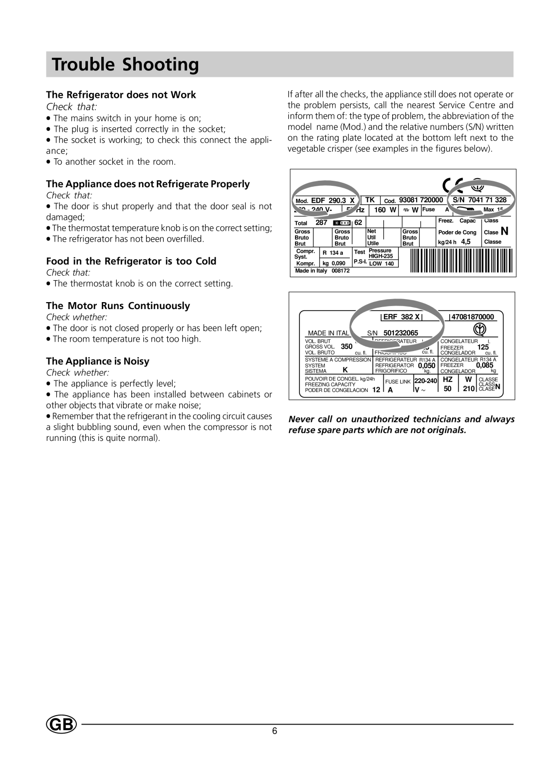 Indesit RG1140 manual Trouble Shooting, Refrigerator does not Work 