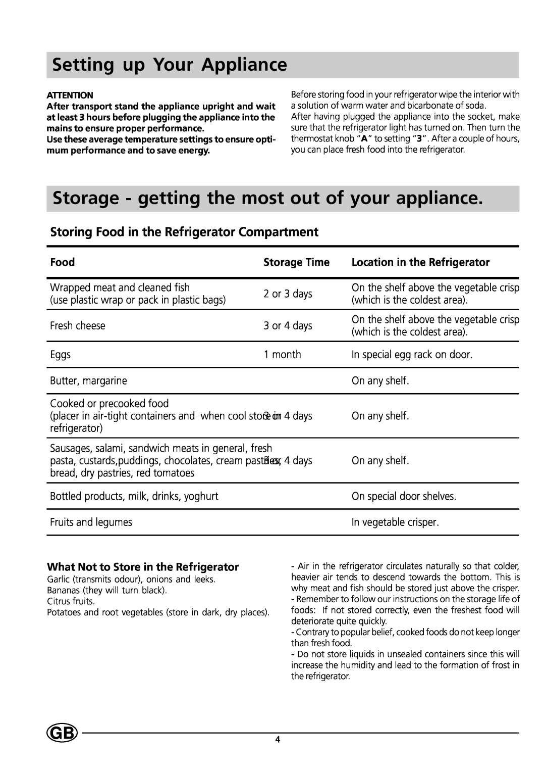 Indesit RG1140 manual Setting up Your Appliance, Storage - getting the most out of your appliance 