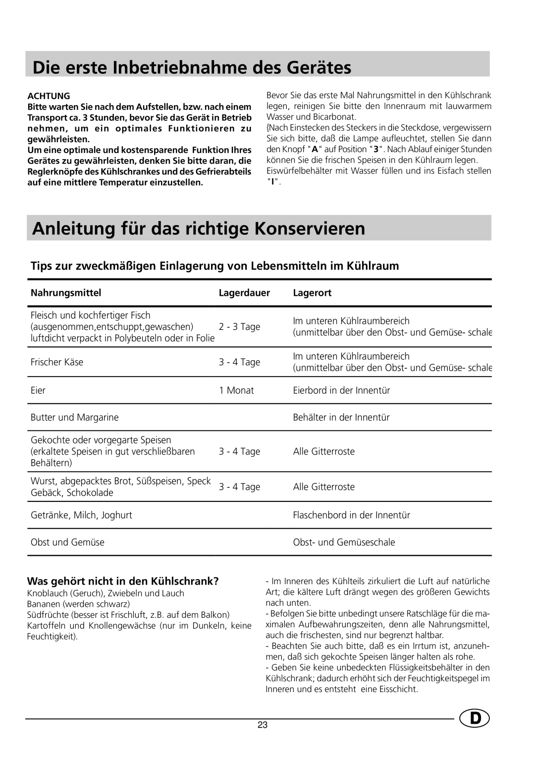 Indesit RG1142 manual Die erste Inbetriebnahme des Gerätes, Anleitung für das richtige Konservieren 