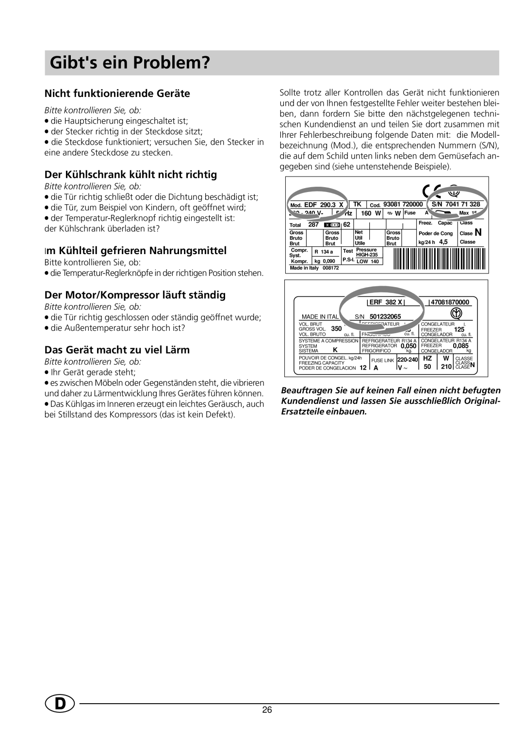 Indesit RG1142 manual Gibts ein Problem?, Nicht funktionierende Geräte, Der Kühlschrank kühlt nicht richtig 