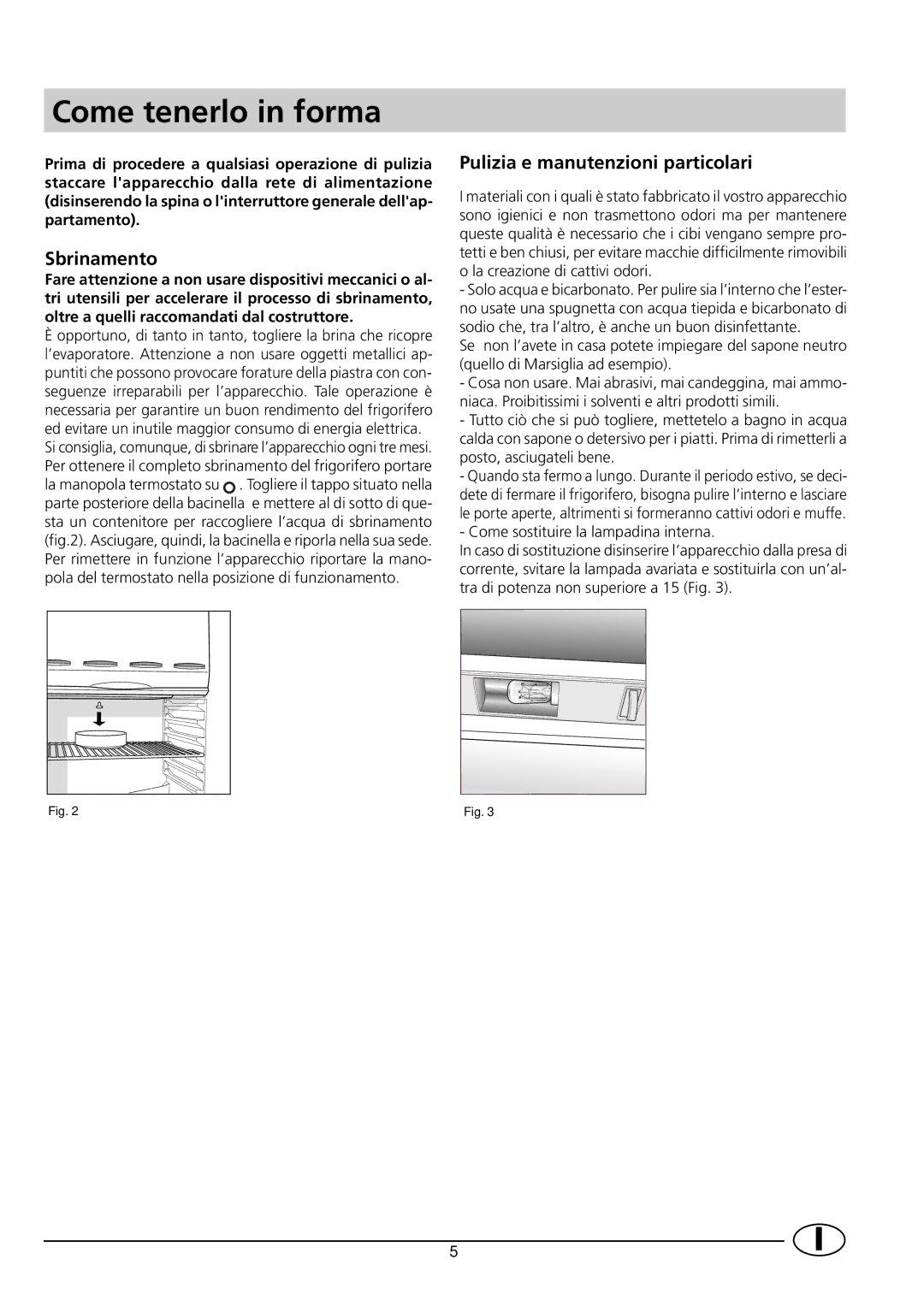 Indesit RG1142 manual Come tenerlo in forma, Sbrinamento, Pulizia e manutenzioni particolari 