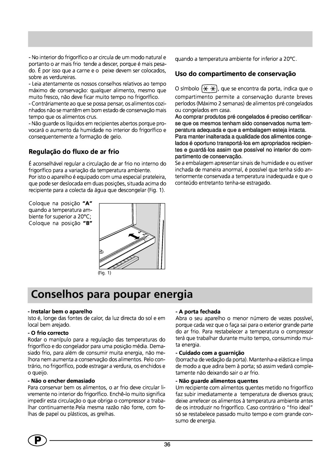 Indesit RG1142 manual Conselhos para poupar energia, Regulação do fluxo de ar frio, Uso do compartimento de conservação 