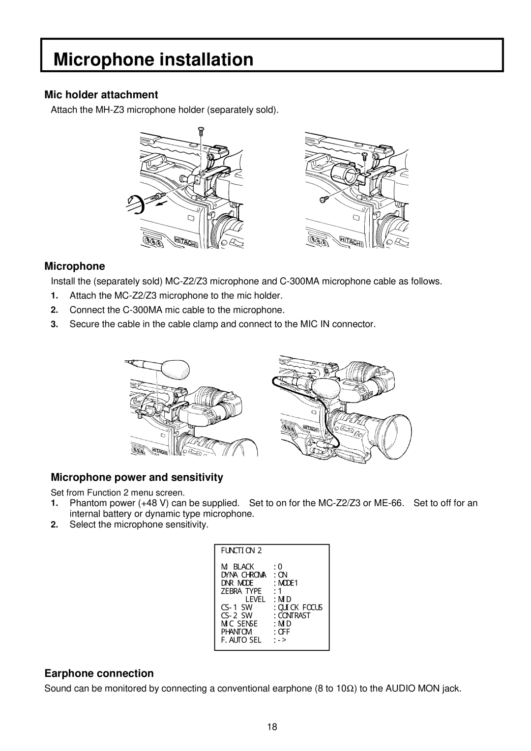 Indesit S-3000W Microphone installation, Mic holder attachment, Microphone power and sensitivity, Earphone connection 