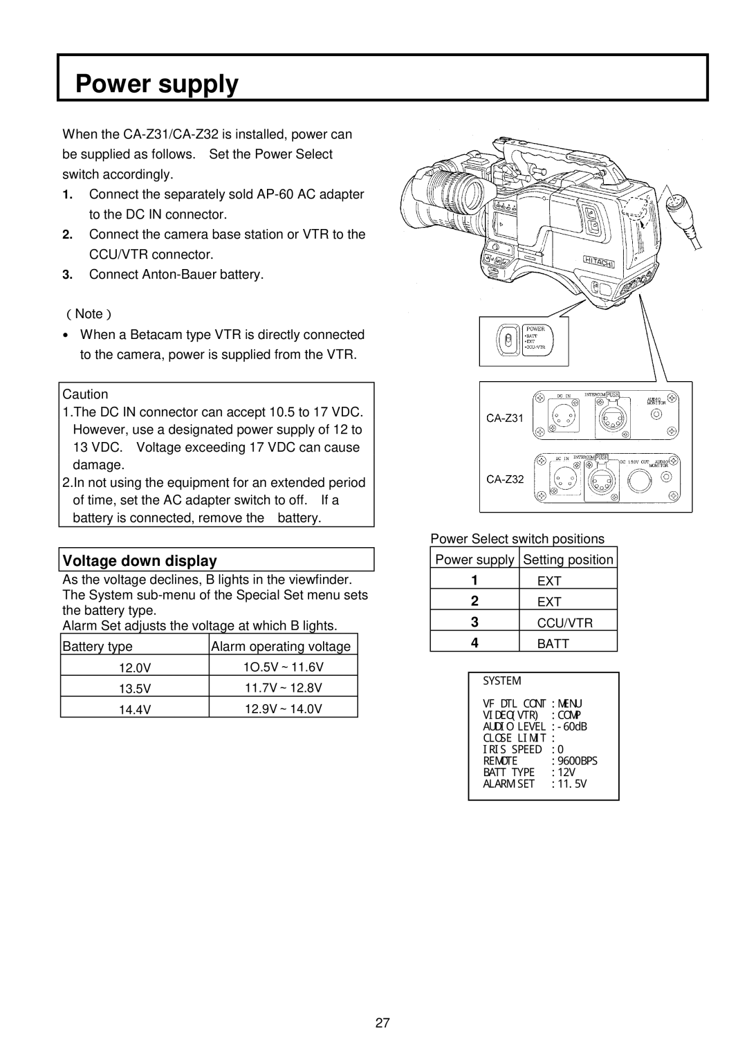 Indesit S-3000W operating instructions Power supply, Voltage down display, EXT CCU/VTR Batt 