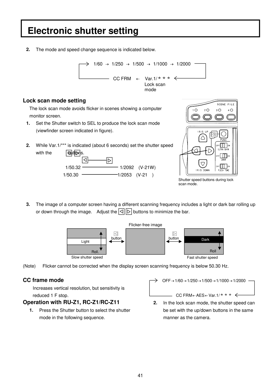 Indesit S-3000W operating instructions Lock scan mode setting, CC frame mode, Operation with RU-Z1, RC-Z1/RC-Z11 