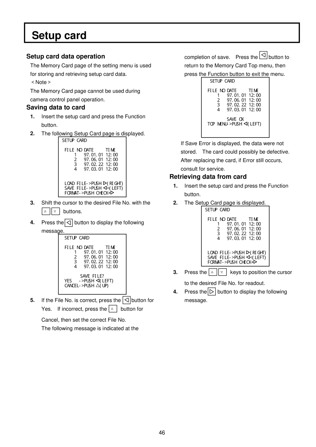 Indesit S-3000W operating instructions Setup card data operation, Saving data to card, Retrieving data from card 