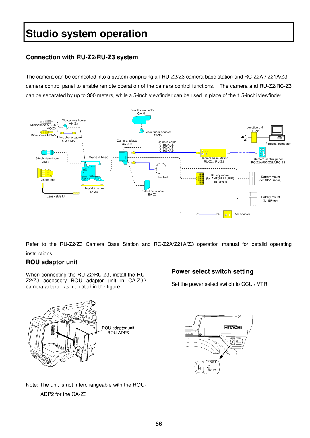 Indesit S-3000W Studio system operation, Connection with RU-Z2/RU-Z3 system, ROU adaptor unit, Power select switch setting 