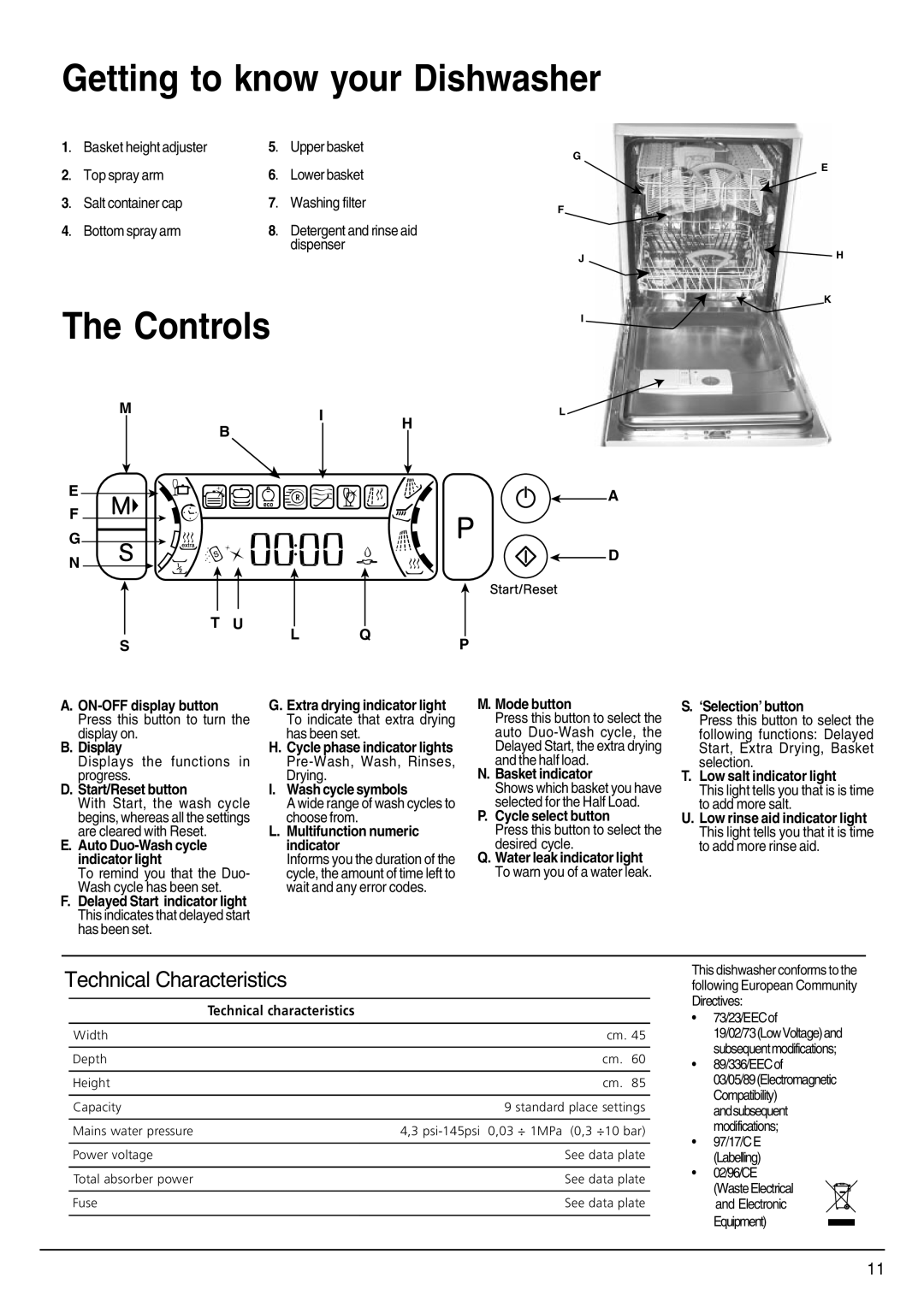 Indesit SDW85, SDW80 manual Getting to know your Dishwasher, Controls 