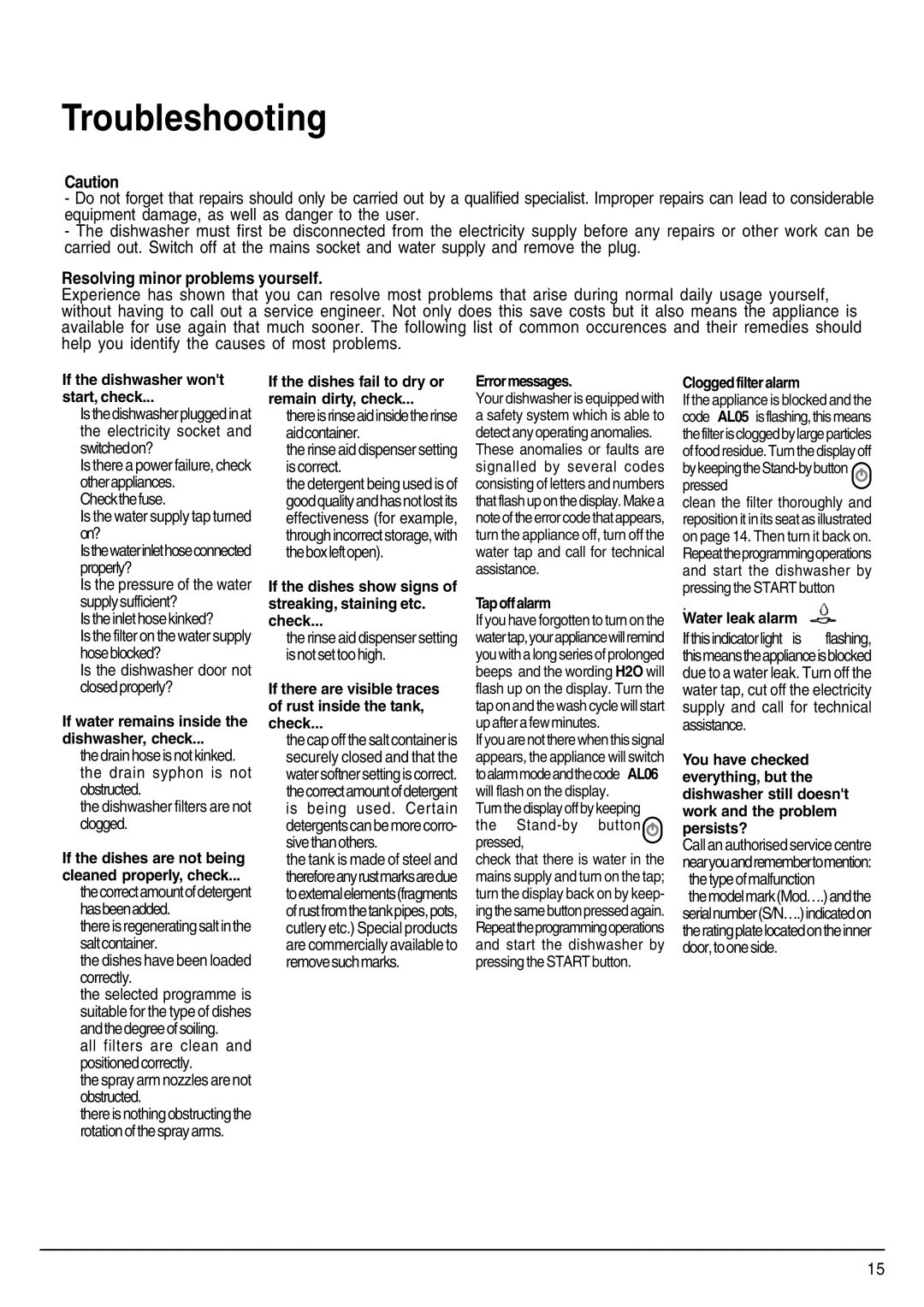 Indesit SDW85, SDW80 manual Troubleshooting, Resolving minor problems yourself 