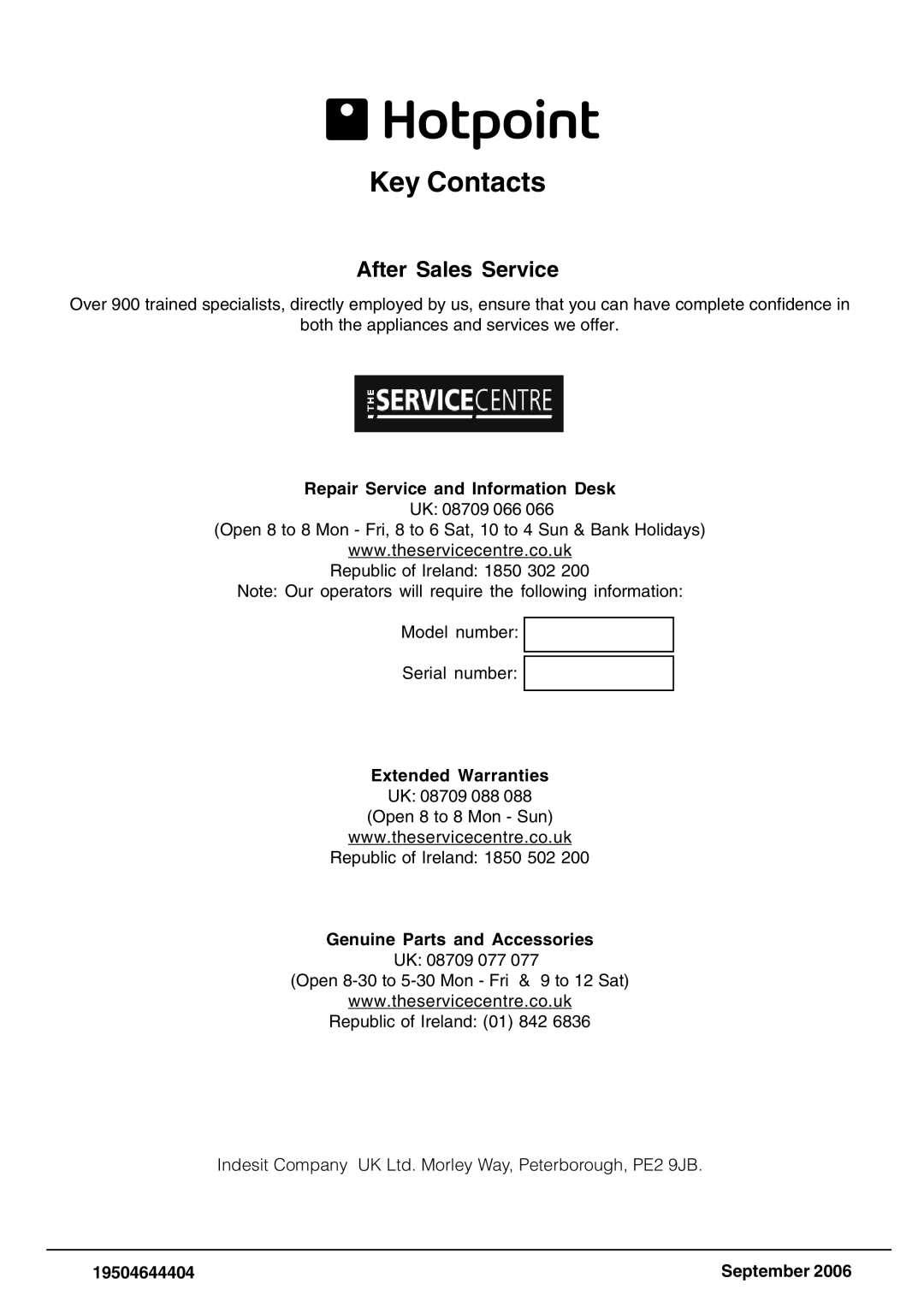 Indesit SDW80, SDW85 manual Repair Service and Information Desk, Genuine Parts and Accessories, 19504644404, September 