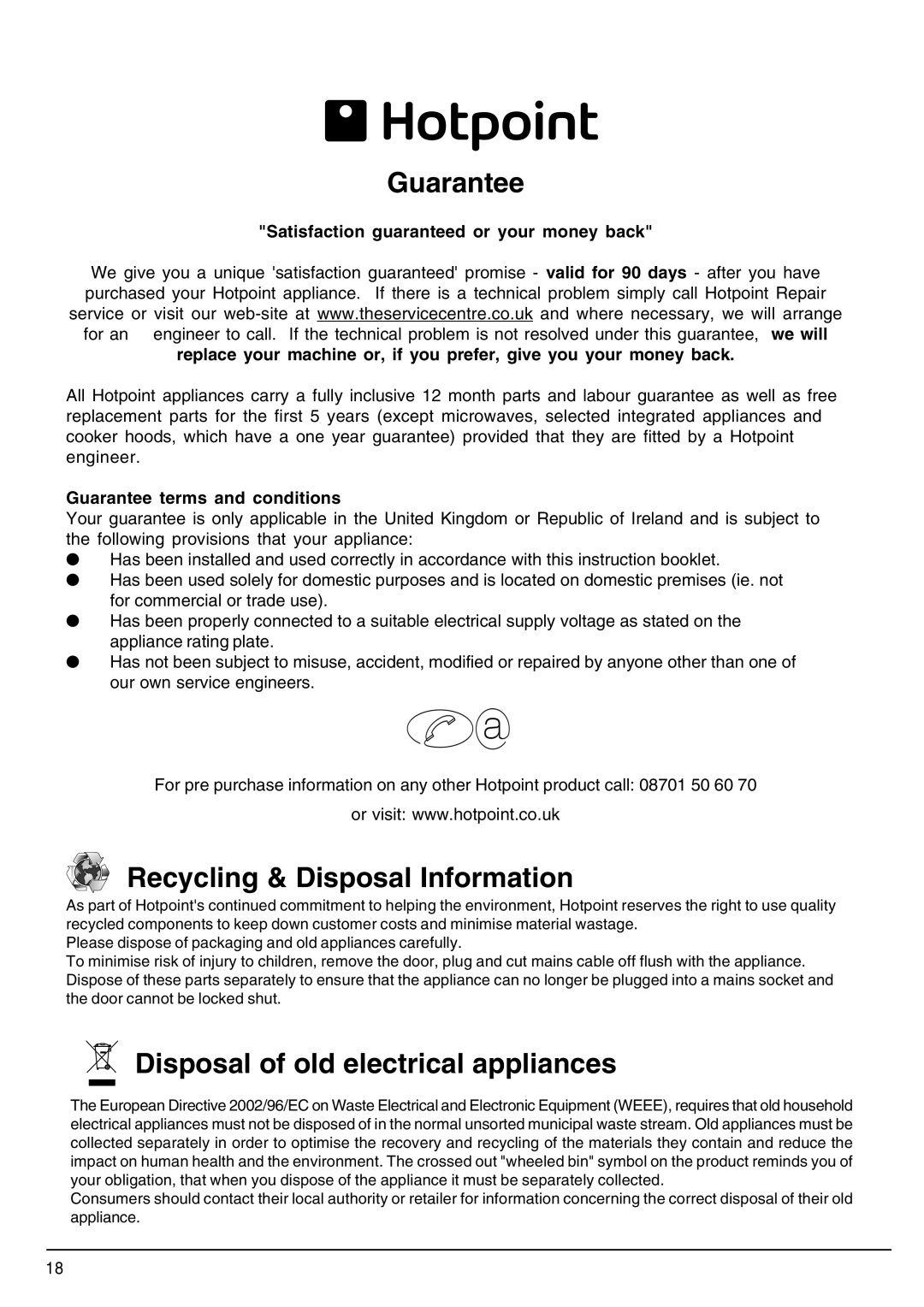 Indesit SDW80, SDW85 manual Guarantee, Recycling & Disposal Information, Disposal of old electrical appliances 