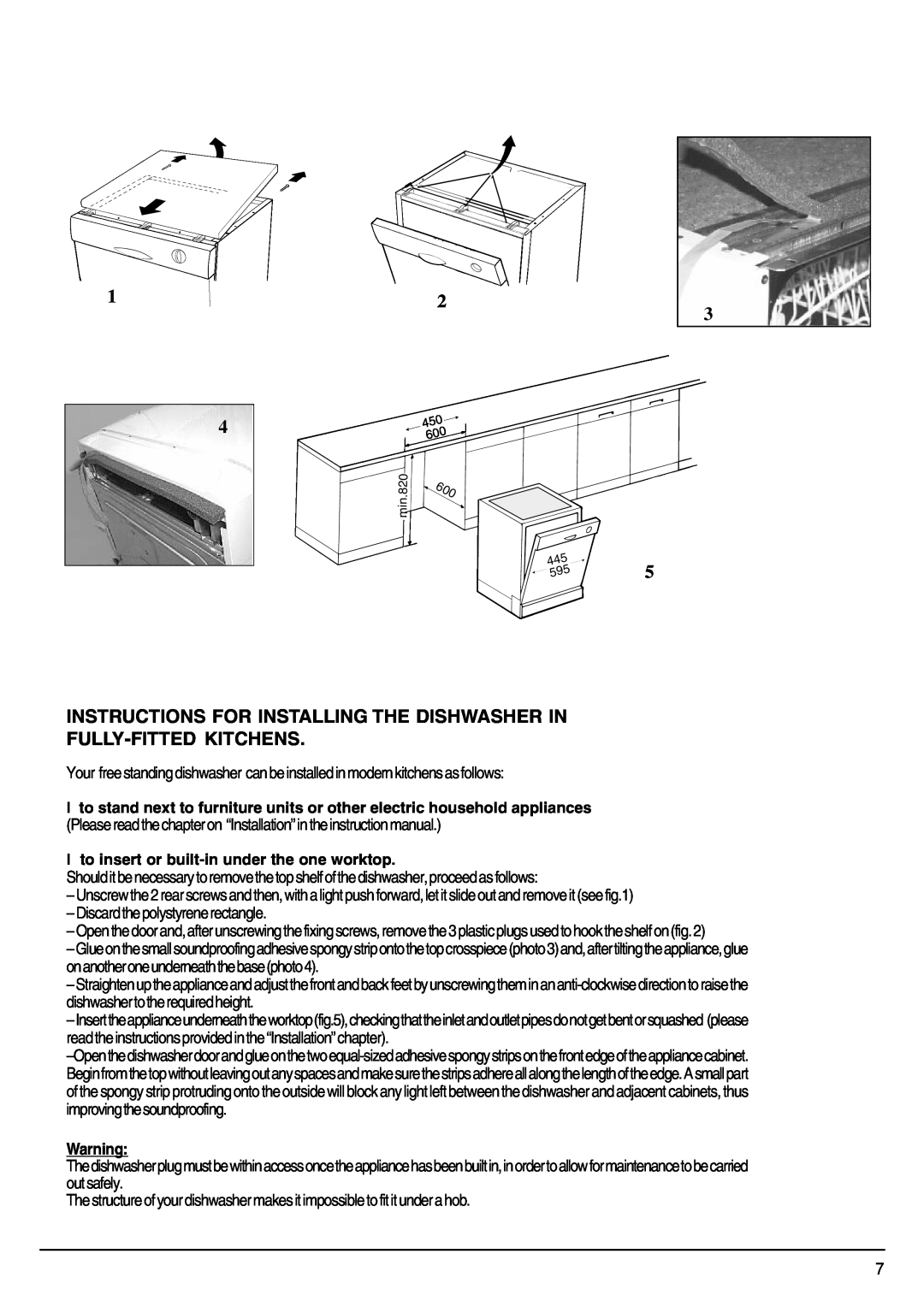 Indesit SDW85, SDW80 manual Instructions For Installing The Dishwasher In, Fully-Fittedkitchens 