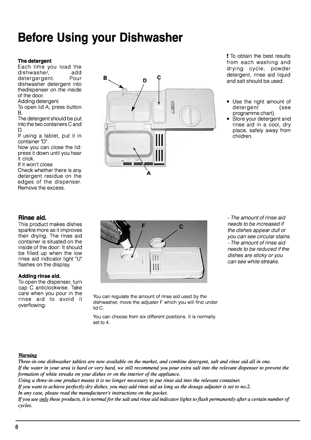 Indesit SDW80, SDW85 manual Before Using your Dishwasher, Rinse aid 