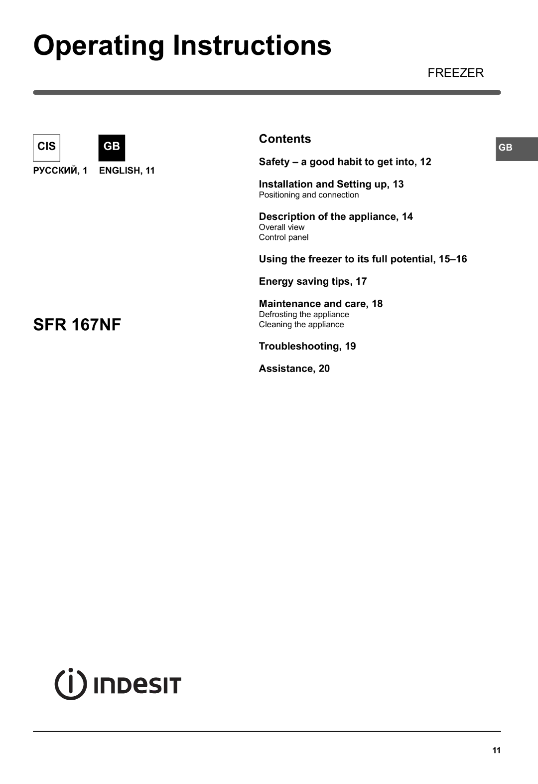 Indesit SFR 167NF manual Operating Instructions 