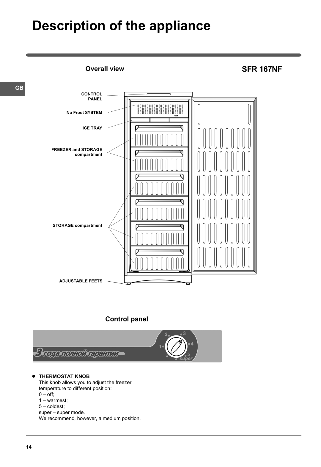 Indesit SFR 167NF manual Description of the appliance, Control panel 