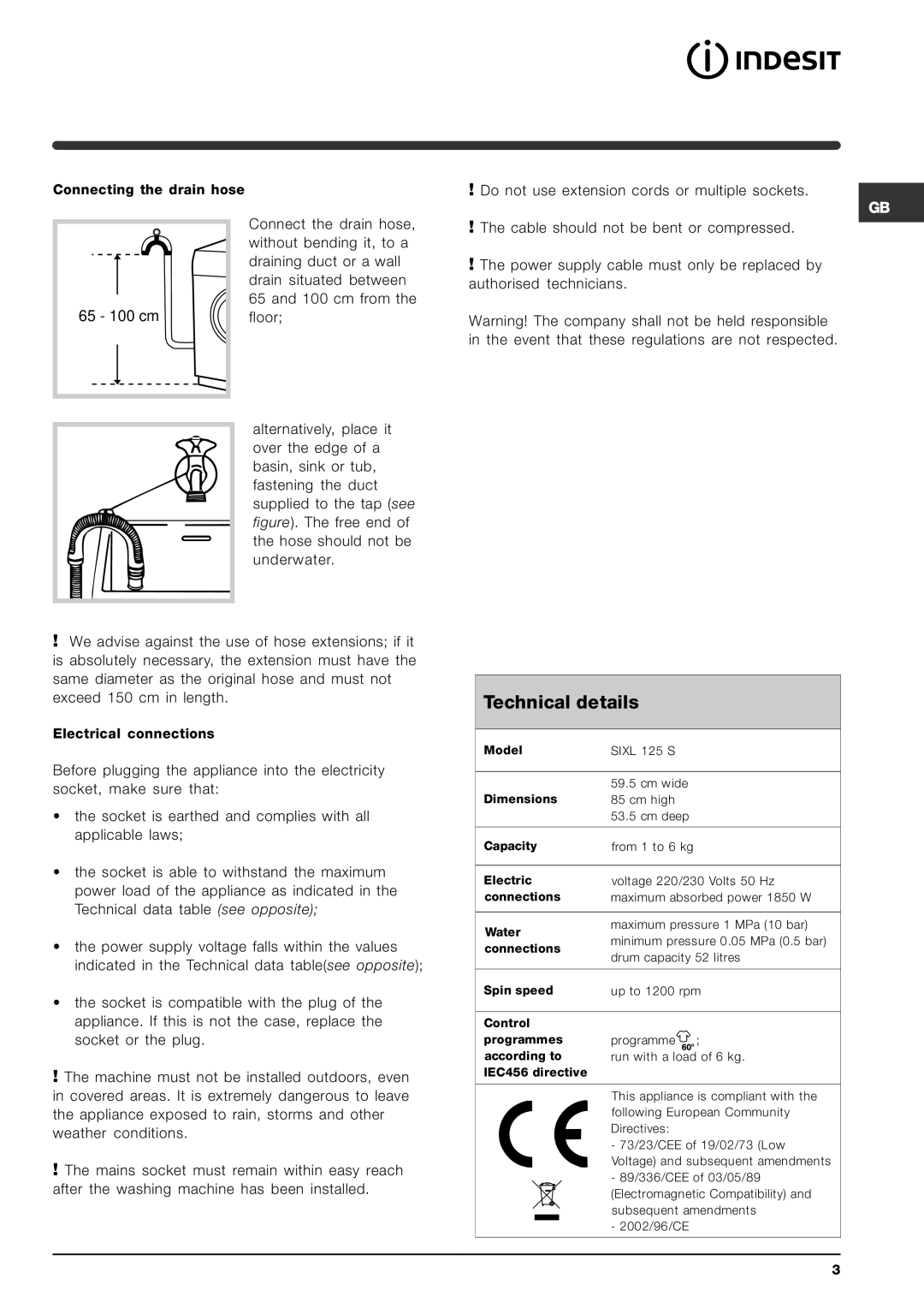 Indesit SIXL 125 S manual Technical details 