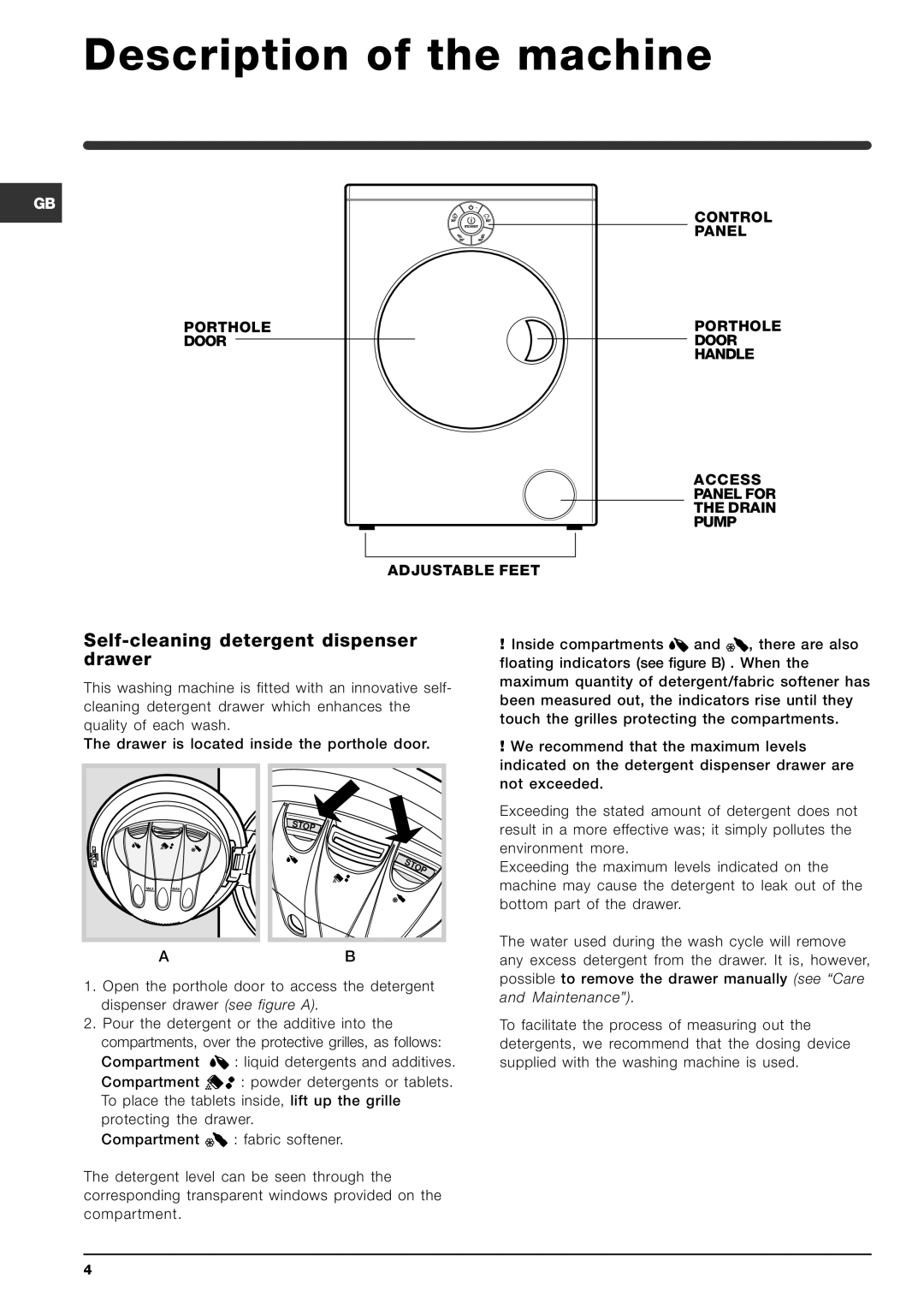 Indesit SIXL 125 S manual Description of the machine, Self-cleaning detergent dispenser drawer 