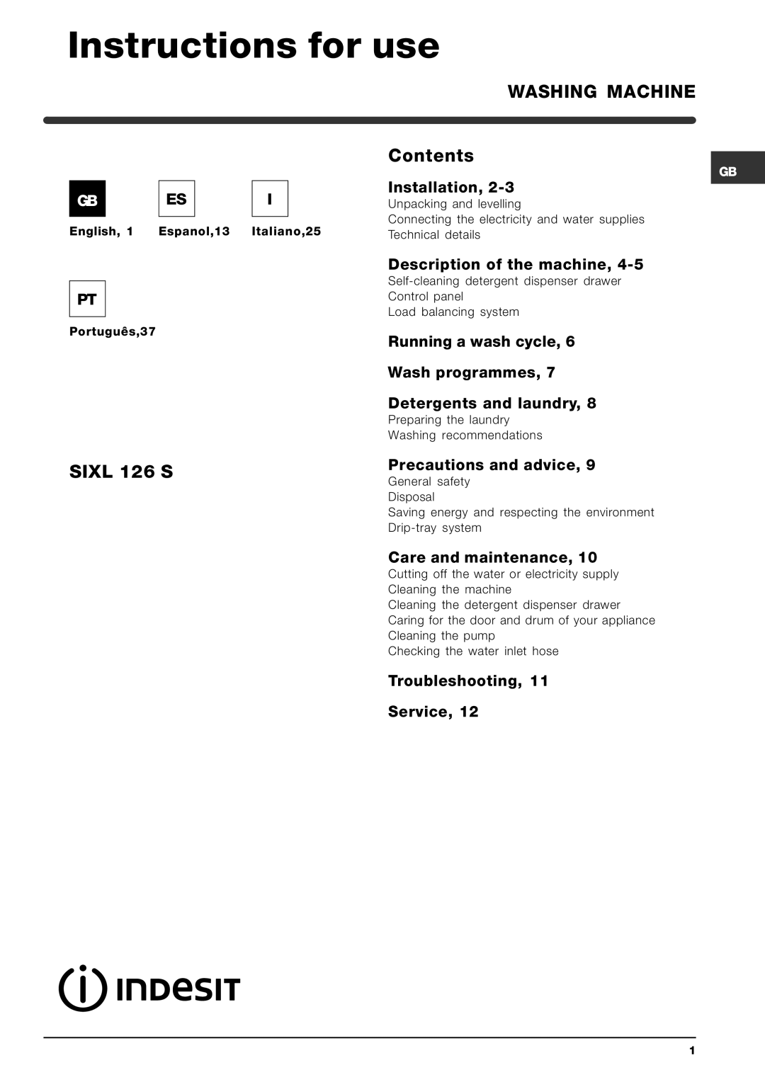 Indesit SIXL 126 S manual Instructions for use, Washing Machine 