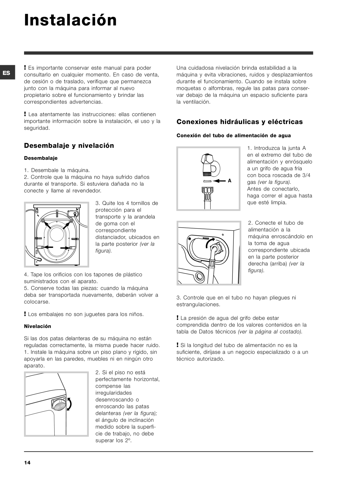 Indesit SIXL 126 S manual Instalación, Desembalaje y nivelación, Conexiones hidráulicas y eléctricas 