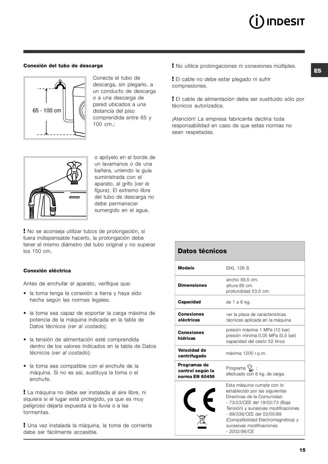 Indesit SIXL 126 S manual Datos técnicos 