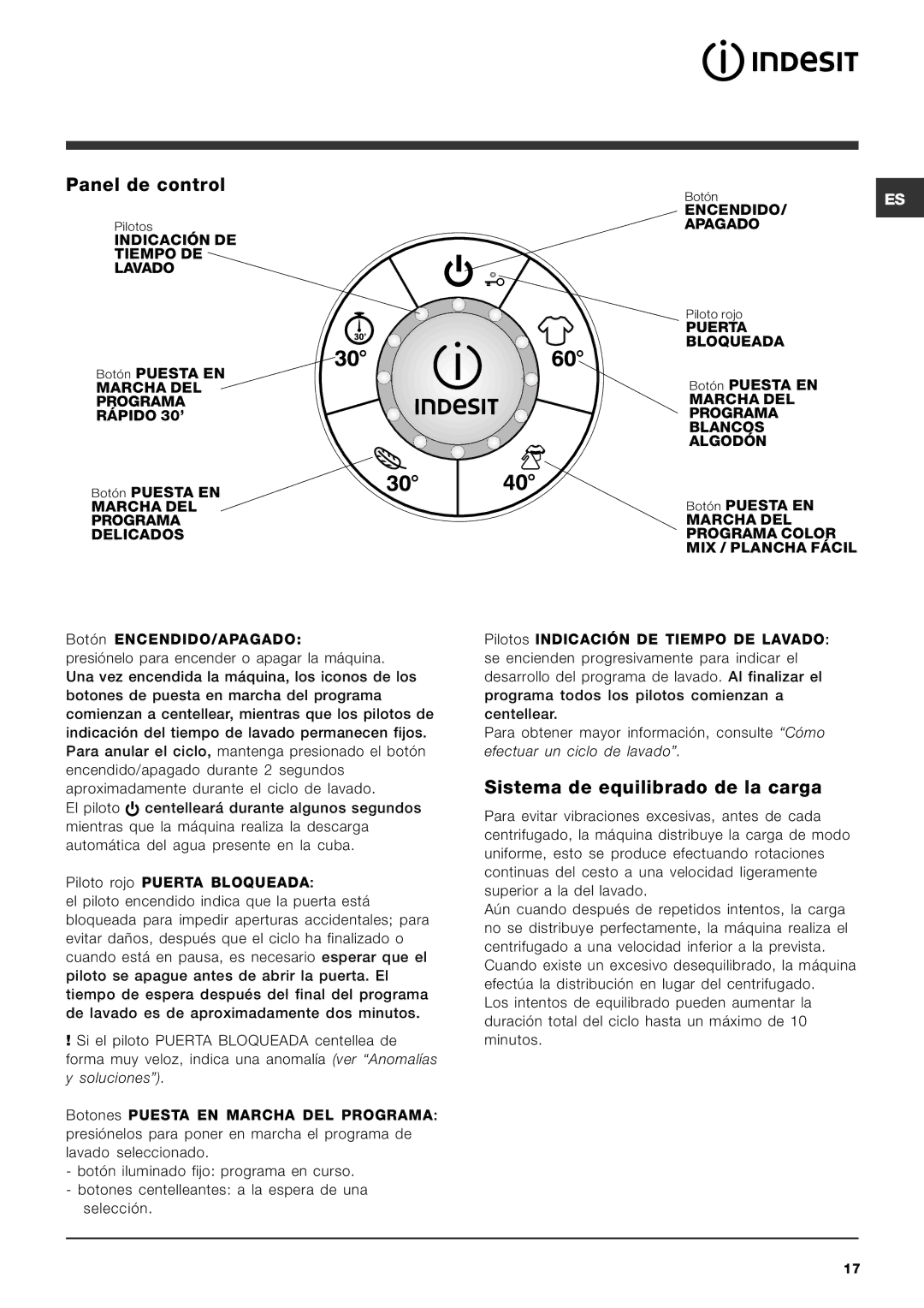 Indesit SIXL 126 S manual Panel de control, Sistema de equilibrado de la carga 