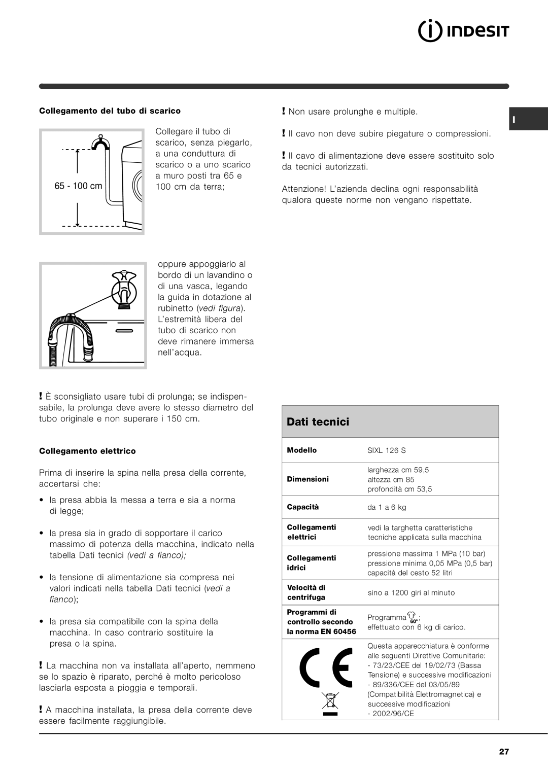 Indesit SIXL 126 S manual Dati tecnici 