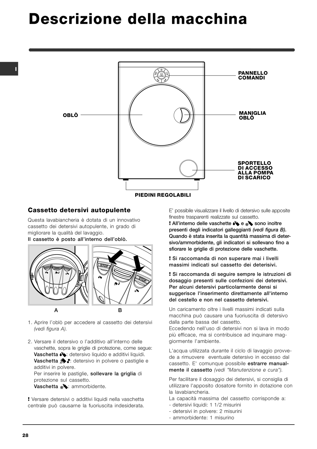 Indesit SIXL 126 S manual Descrizione della macchina, Cassetto detersivi autopulente 