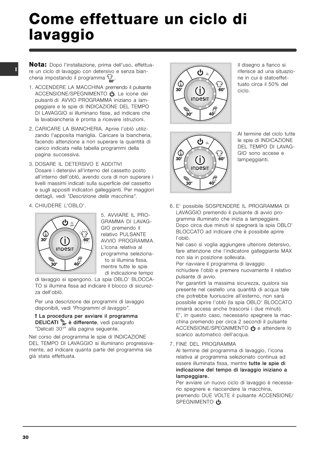 Indesit SIXL 126 S manual Come effettuare un ciclo di lavaggio, Dosare IL Detersivo E Additivi, Fine DEL Programma 