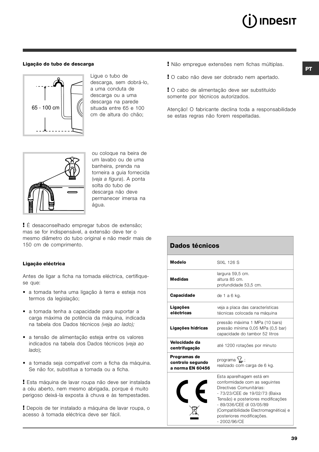 Indesit SIXL 126 S manual Dados técnicos 