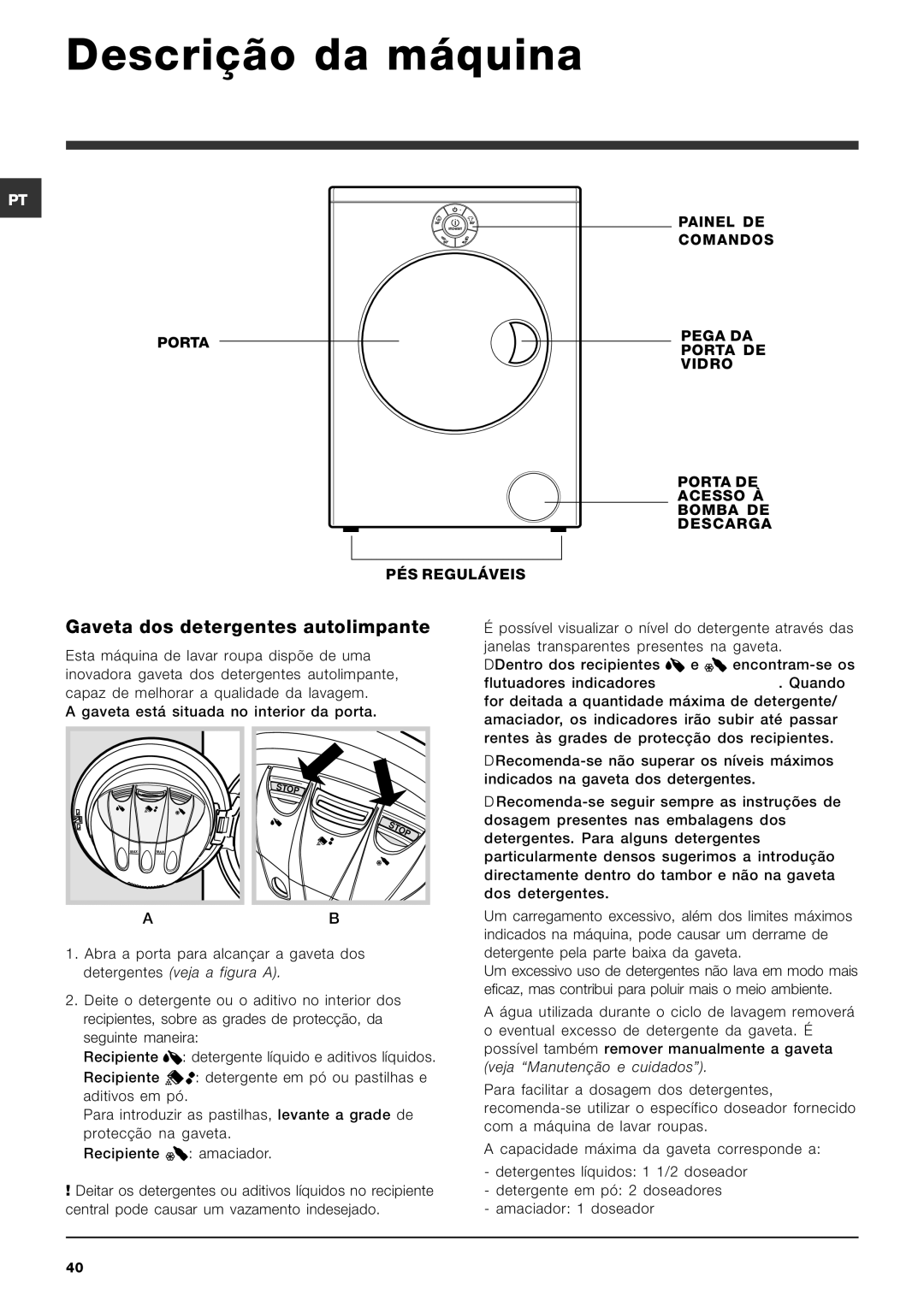 Indesit SIXL 126 S manual Descrição da máquina, Gaveta dos detergentes autolimpante 