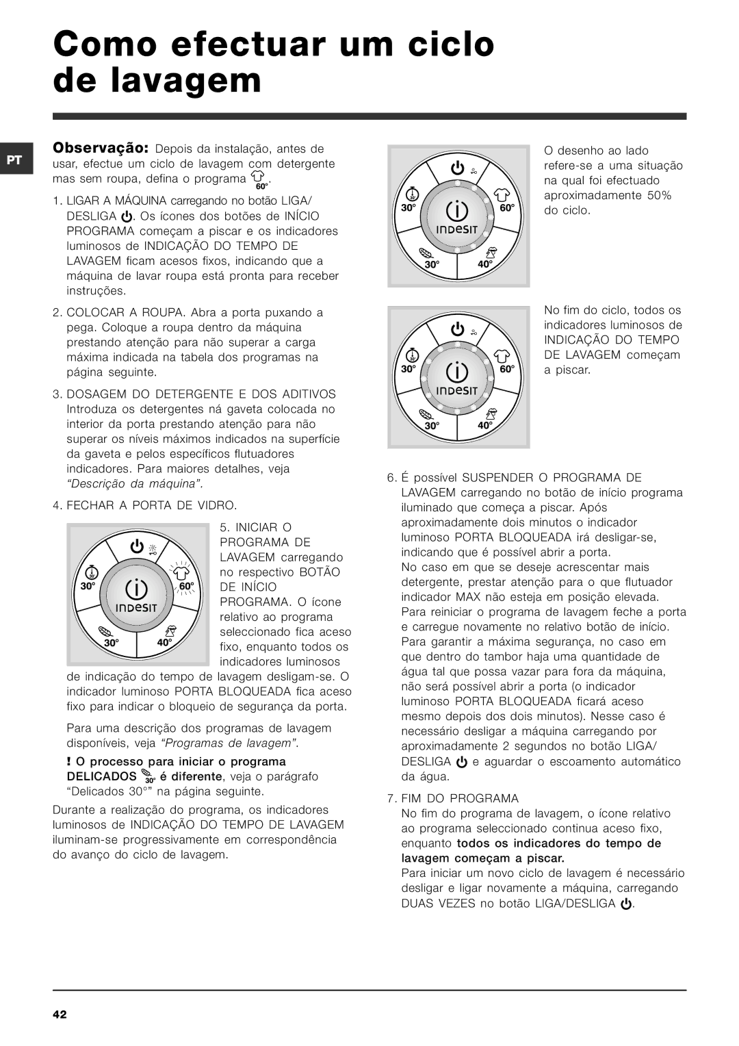 Indesit SIXL 126 S manual Como efectuar um ciclo de lavagem, Fechar a Porta DE Vidro Iniciar O Programa DE, DE Início 