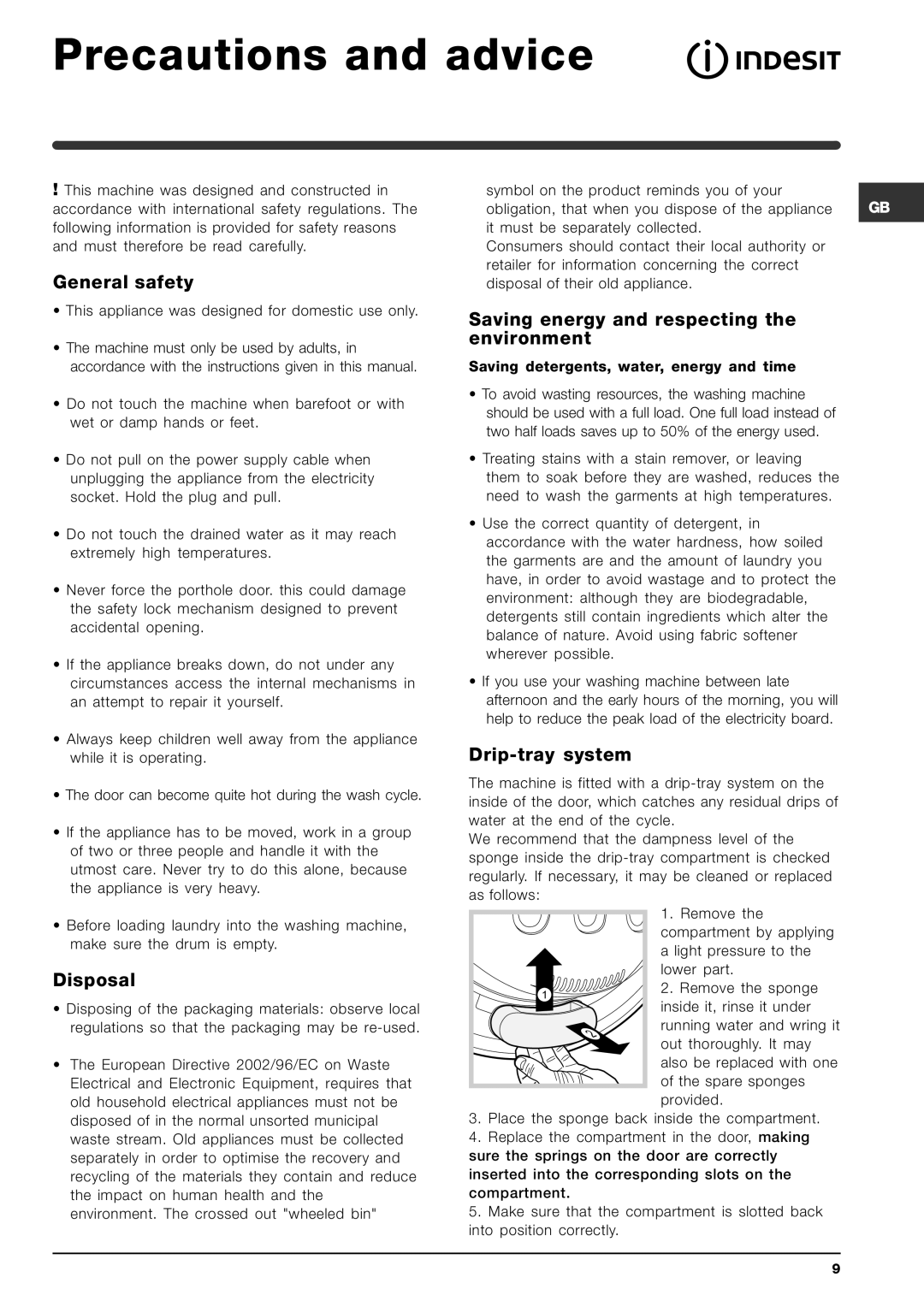 Indesit SIXL 126 S manual Precautions and advice, General safety, Disposal, Saving energy and respecting the environment 