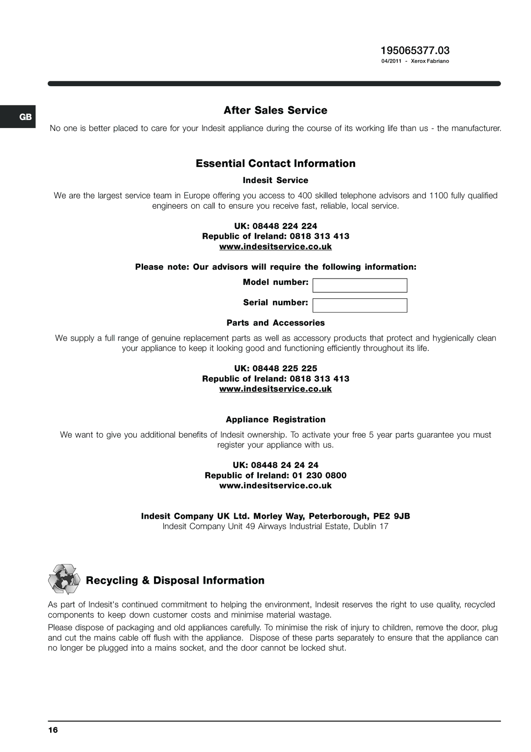 Indesit SIXL 145 D 195065377.03, After Sales Service, Essential Contact Information, Recycling & Disposal Information 