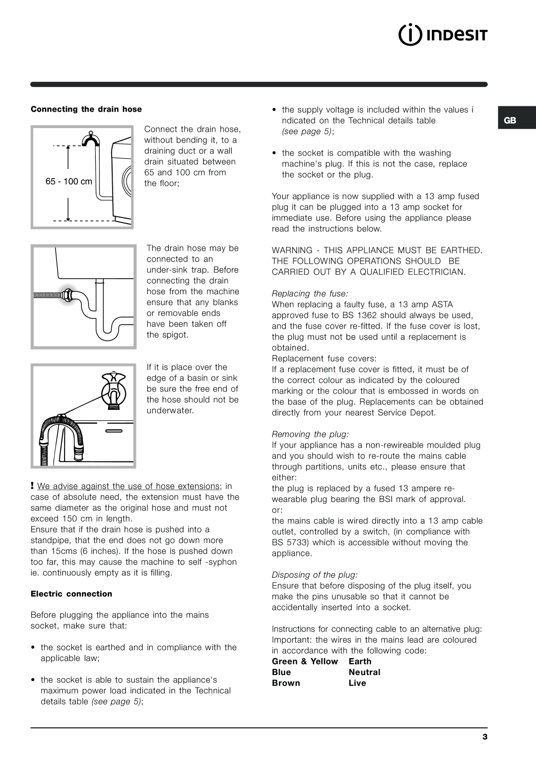 Indesit SIXL 145 D manual Connecting the drain hose 