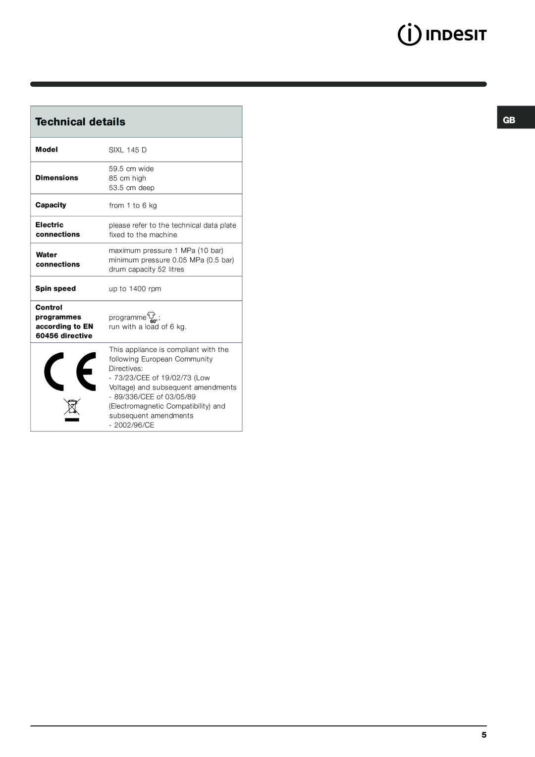 Indesit SIXL 145 D manual Technical details 