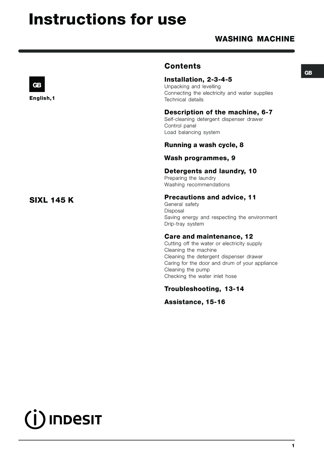 Indesit SIXL 145 K manual Instructions for use, Washing Machine 