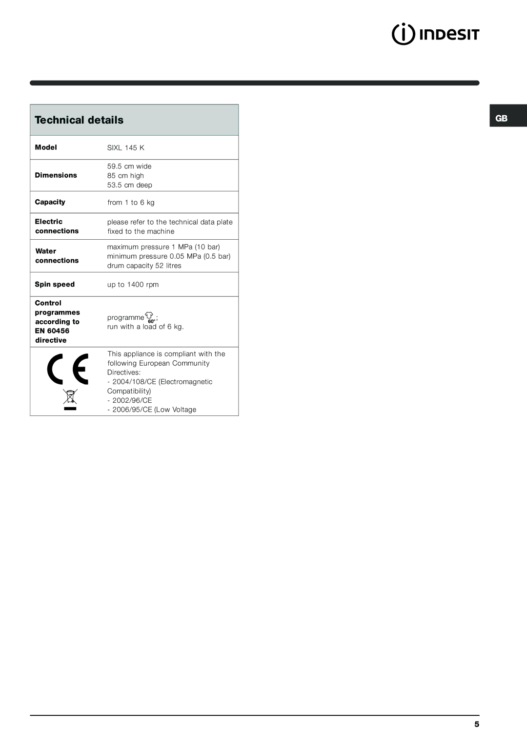 Indesit SIXL 145 K manual Technical details 