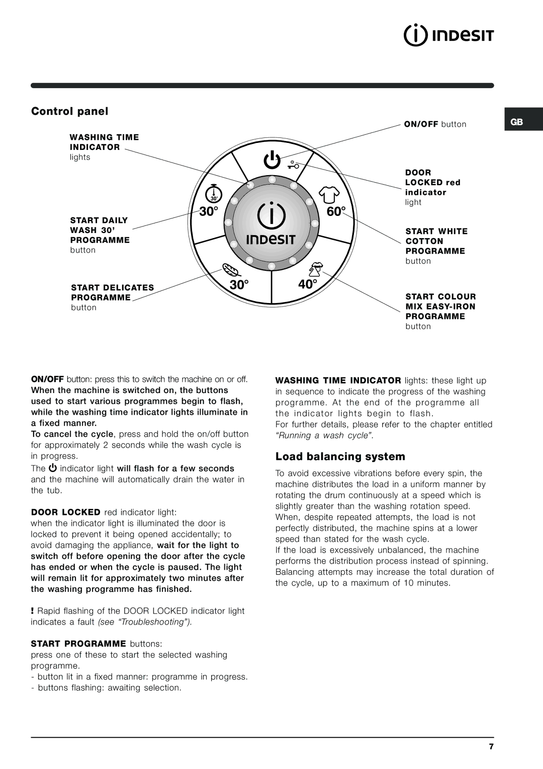 Indesit SIXL 145 K manual Control panel, Load balancing system 