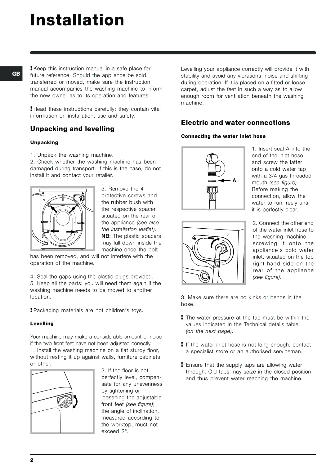 Indesit SIXL 145 SK manual Installation, Unpacking and levelling, Electric and water connections 