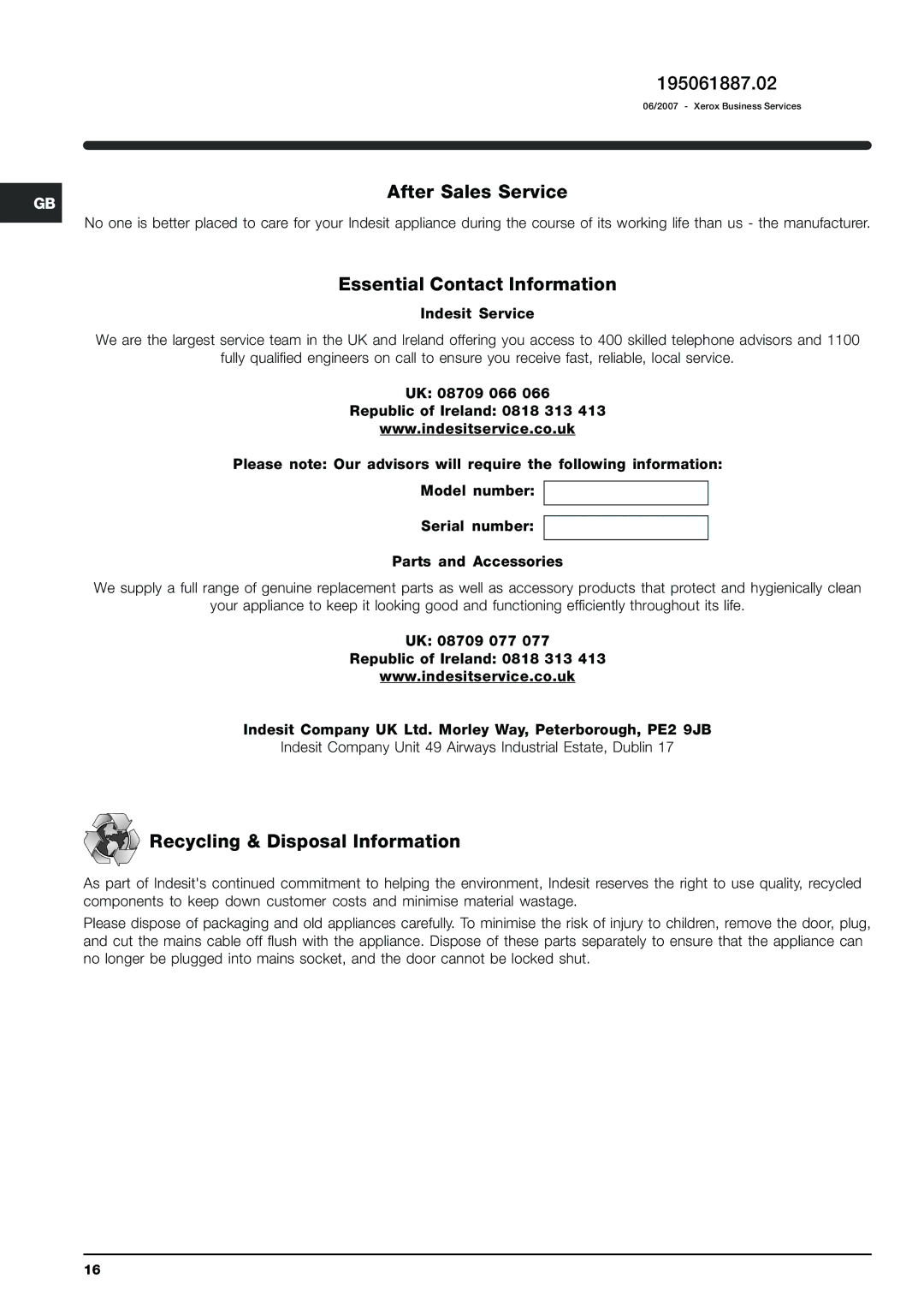 Indesit SIXL 145 manual 195061887.02, After Sales Service, Essential Contact Information, Recycling & Disposal Information 