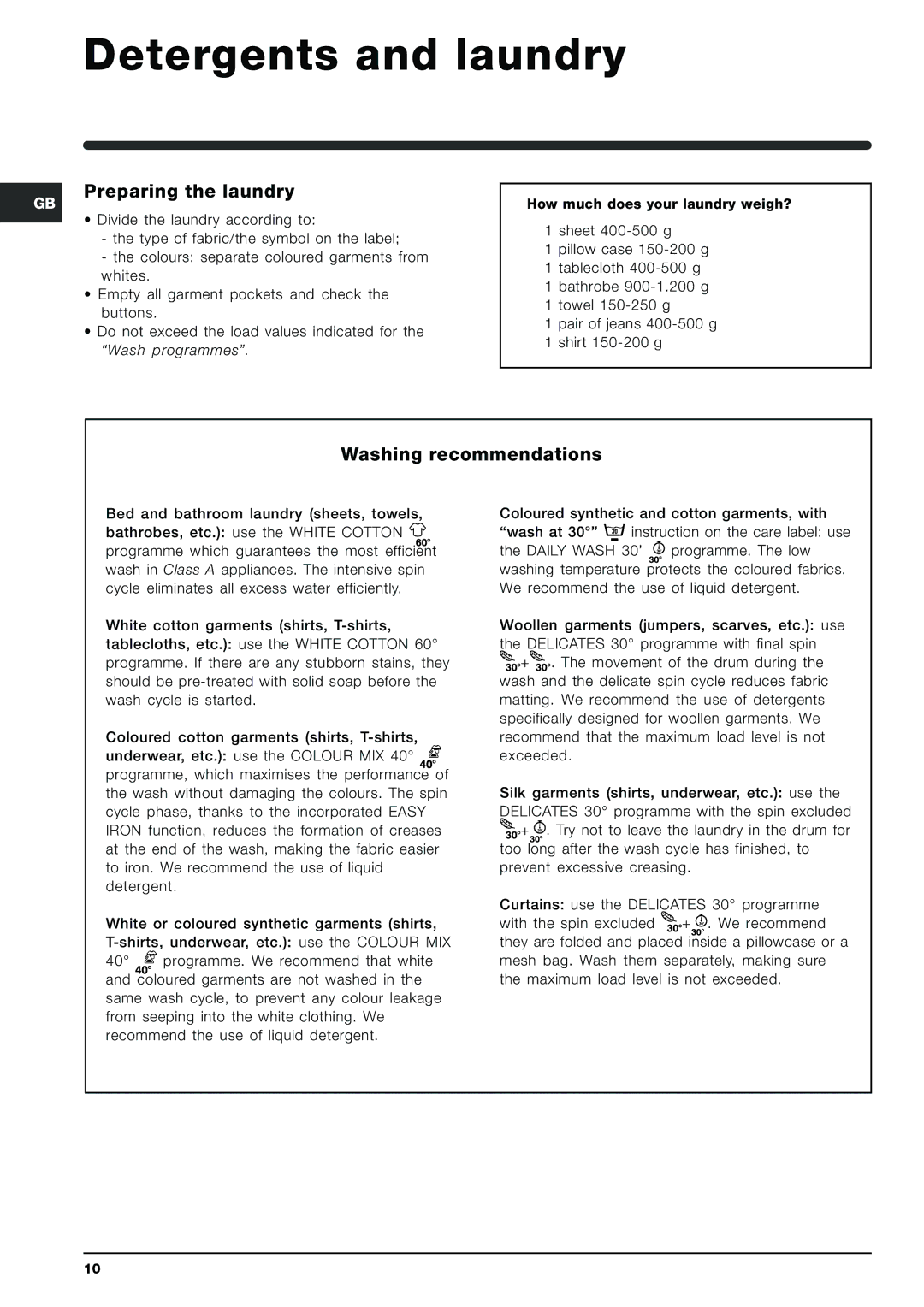 Indesit SIXL 145 manual Detergents and laundry, Preparing the laundry, Washing recommendations 