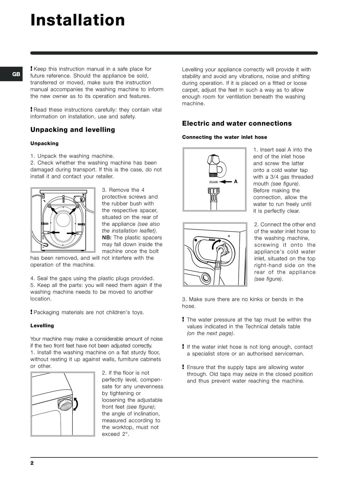 Indesit SIXL 145K manual Installation, Unpacking and levelling, Electric and water connections 