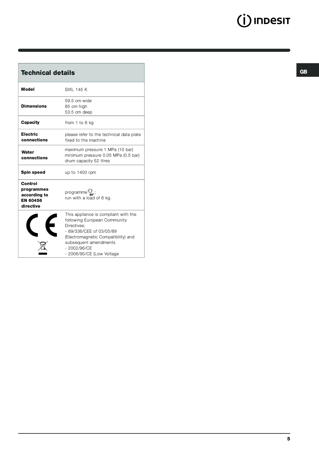 Indesit SIXL 145K manual Technical details 