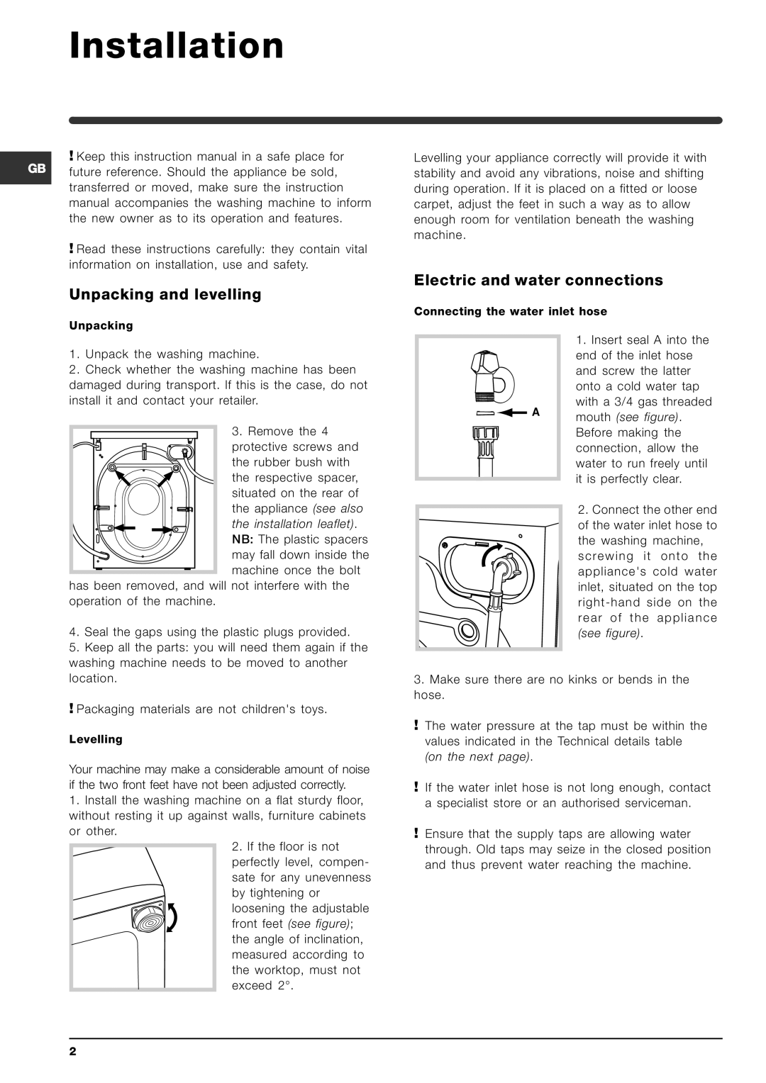 Indesit SIXL 149 D manual Installation, Unpacking and levelling, Electric and water connections 