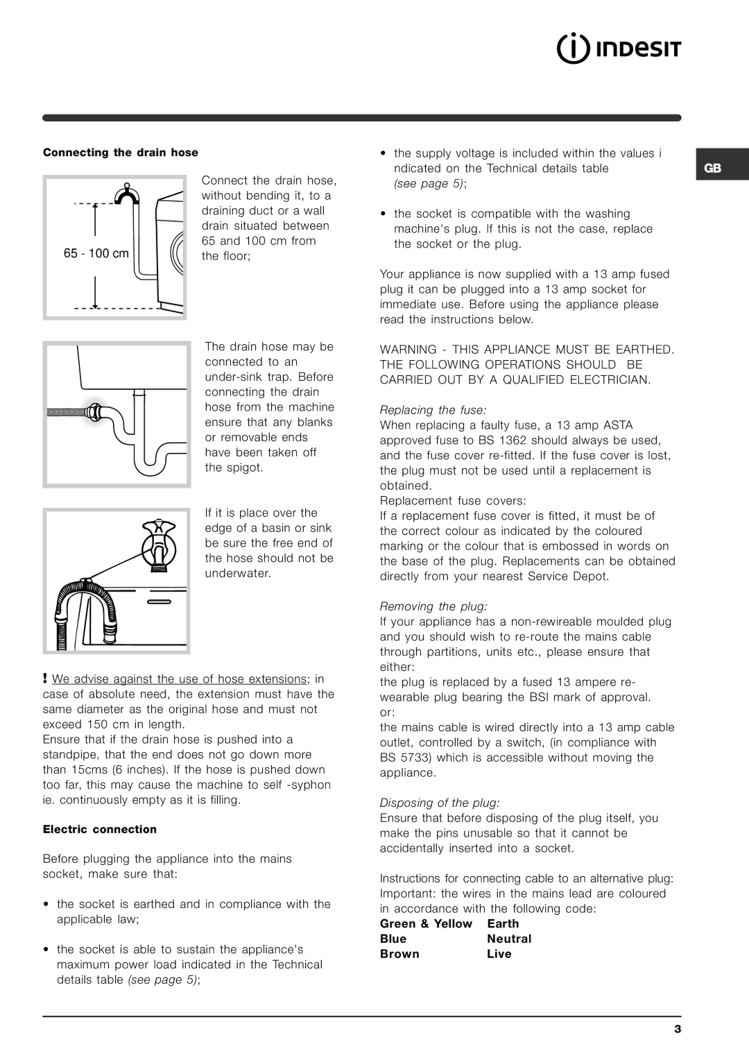 Indesit SIXL 149 D manual Connecting the drain hose 