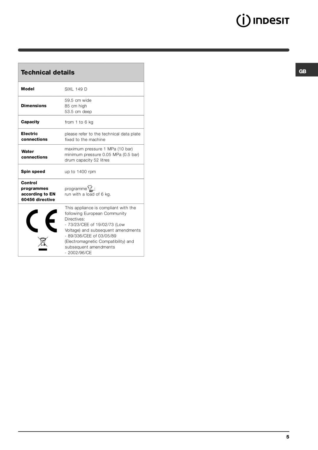 Indesit SIXL 149 D manual Technical details 